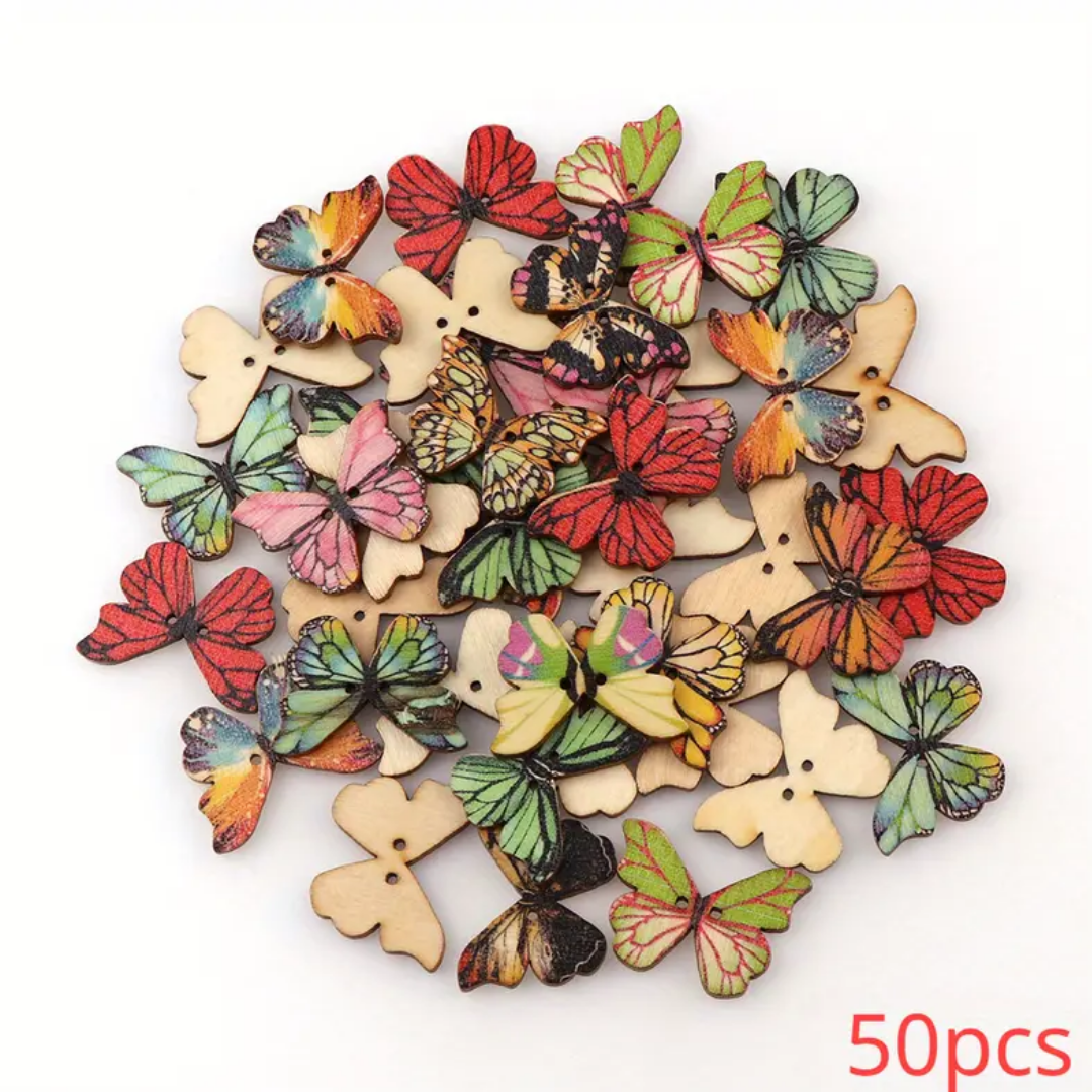 50 Piezas, 2 Agujeros Coloridos Botones De Madera De Mariposa